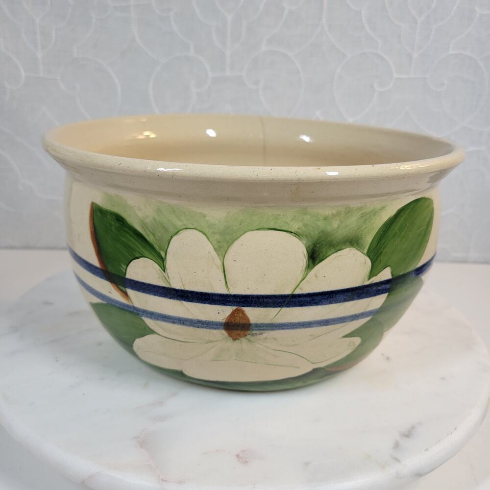 VTG Signed Stoneware Bowl 10" Cream Green Hand Painted Magnolia Pottery Art